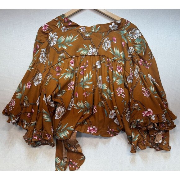 Bluivy Women's Tie Hem Cardigan Kimono Top Lightweight Size M/L Brown Floral - Picture 2 of 12